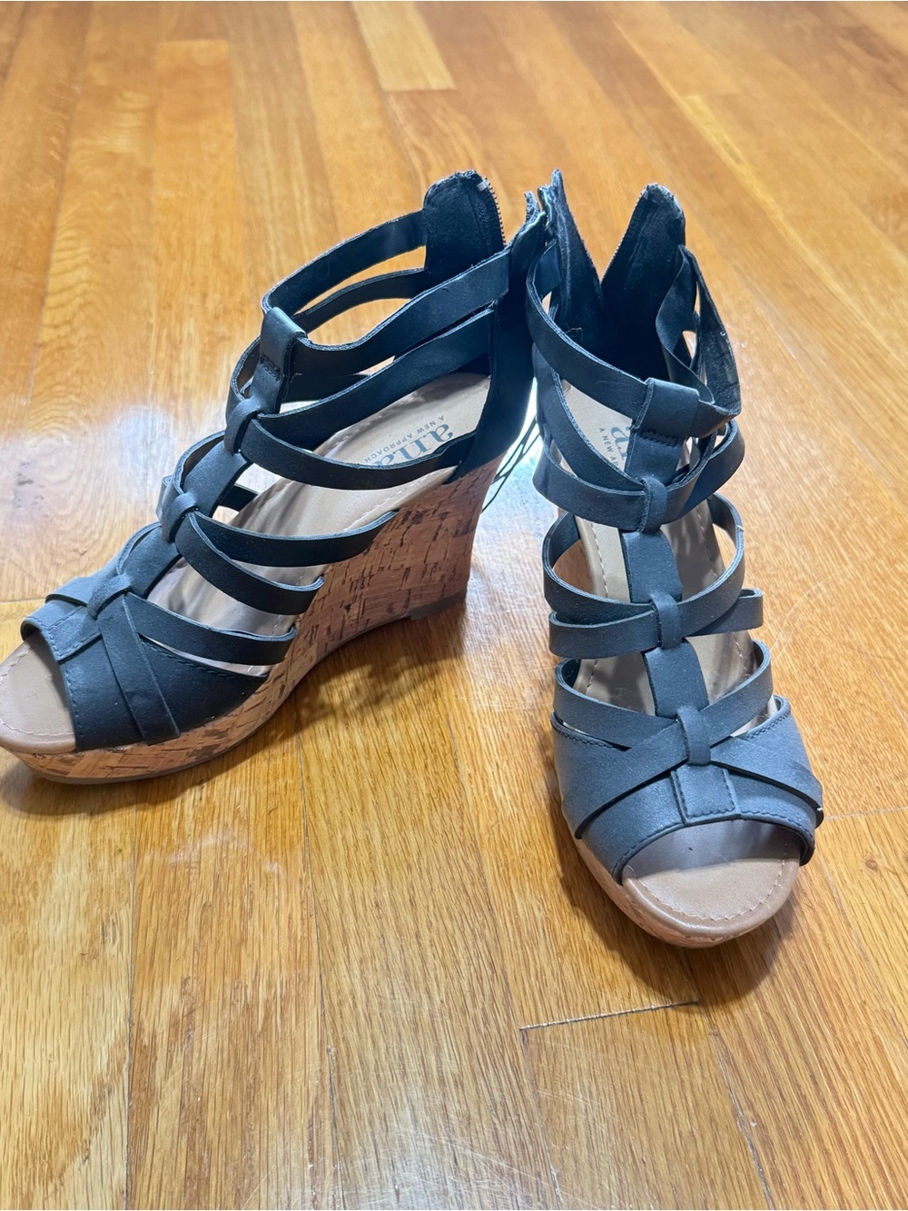 Women's Black Strappy Wedge Sandals